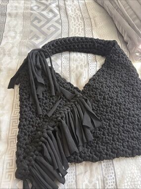 Handmade Black Crochet Fringe Shoulder Bag